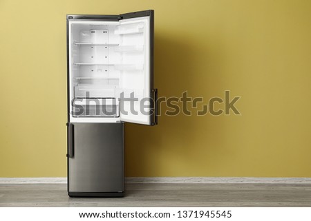 Big modern fridge near color wall
