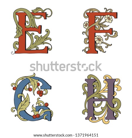 Letters E, F, G, H Drop Caps. Vector hand-drawing letter. Fabulous ornament with a bird, dragon, strawberries and grapes. Black outline. The design of tales. Royalty-Free Stock Photo #1371964151