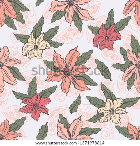 Seamless pattern. Illustration of garden flowers of clematis and Clivia. Floral design to create fabrics, textiles. Vintage.