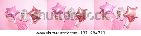Collage with a young stylish woman in a wig with different emotions on her face with balloons in her hands isolated on a pink background, emotion and holiday concept