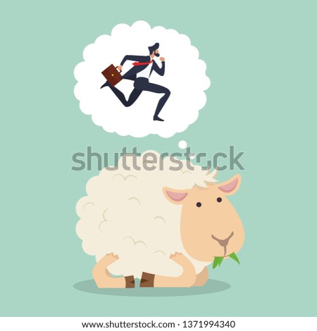 Cute sheep eat grass counting businessman jumping 