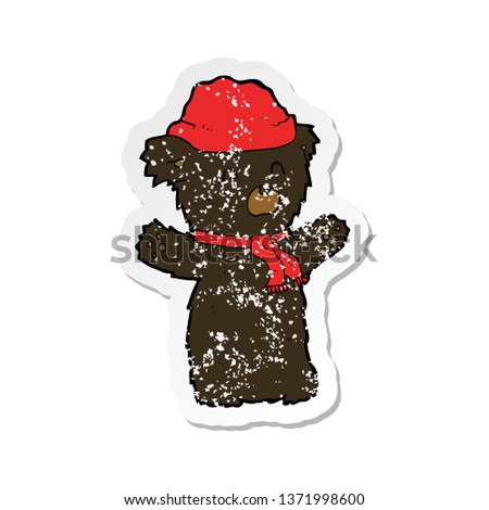retro distressed sticker of a cartooon cute black bear in hat and scarf