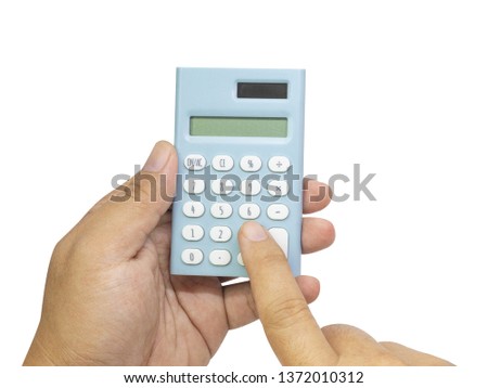The blue calculator on hand white back ground  isolated image.
