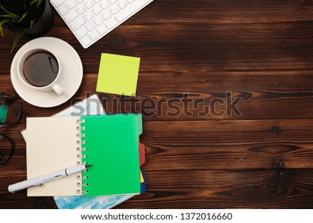 Office desk table with supplies. Flat lay Business workplace and objects. Top view. Copy space for text - Image