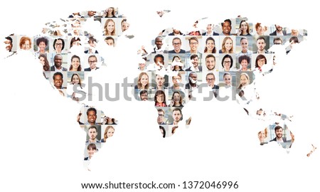 Portrait collage with business people on world map as business and globalization concept