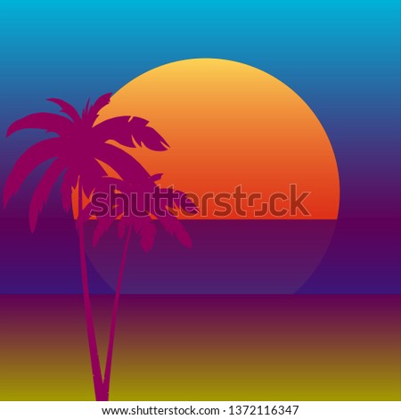 Beach and palm trees at sunset, vector graphics