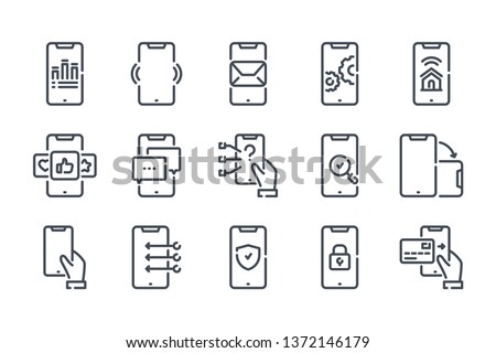 Smartphone services related line icon set. Mobile phone linear icons. Mobile technology outline vector sign collection. Royalty-Free Stock Photo #1372146179