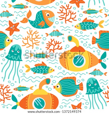 Seamless pattern with sea animals. Underwater life. Flat design. Vector illustration. Design element for fabric, wallpaper or wrapping paper.