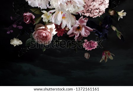 Vintage floral card. Beautiful garden flowers. Peonies, roses, tulips, lily, hydrangea on black background. Template for business cards, covers, cosmetics packaging, interior decoration, phone case. Royalty-Free Stock Photo #1372161161