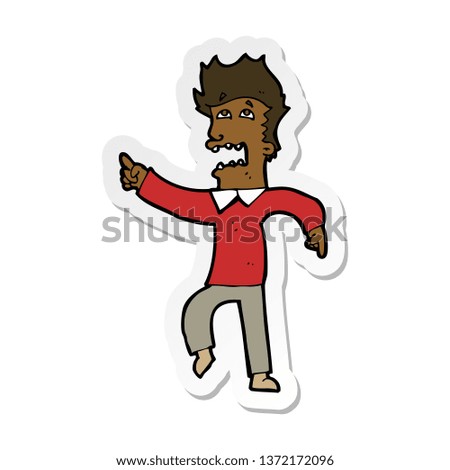 sticker of a cartoon frightened man pointing