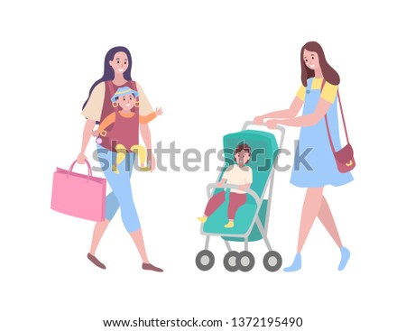 Mother and child vector, woman walking with kid isolated. Infant in perambulator, boy son and lady, motherhood and childhood, person with toddler