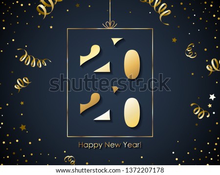 2020 Happy New Year background with golden number and serpentine. Christmas winter holidays design. Seasonal greeting card, calendar, brochure template.