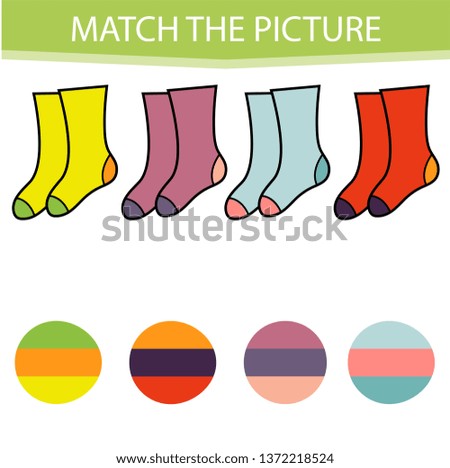 Matching children educational game. Activity for pre shool years kids and toddlers. Match parts of cartoon socks and colors. 