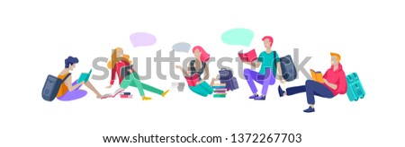 Set of happy relaxed learning and reading people outdoor park for online education, training and courses. Modern vector illustration concept, cartoon characters