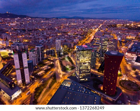 Panoramic view from drone of night Barcelona. Plaza de Europa with Fira Barcelona Gran Via conference center Royalty-Free Stock Photo #1372268249