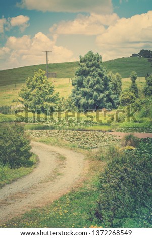 Retro style photo of a pastoral rural landscape with gravel road winding past lily pond towards lush green rolling hills.