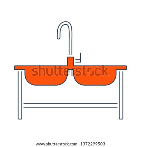 Icon Of Double Sink. Thin Line With Red Fill Design. Vector Illustration.