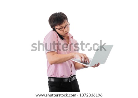 Asian young businessman has standing and  holding phone and laptop for working with busy on isolated on wihte background.