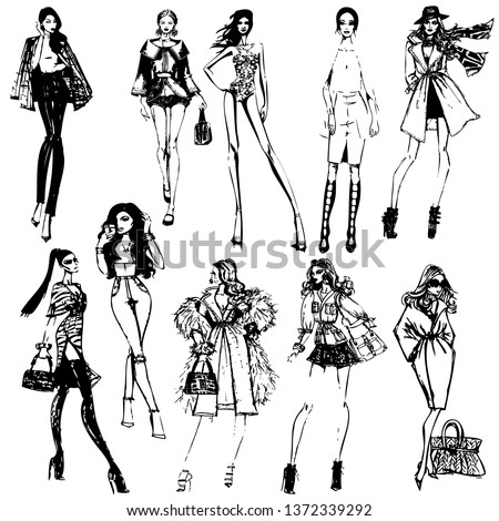 

Fashion girls set. Hand drawn vector collection. isolated on a transparent background