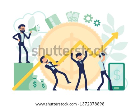 Economist team working together. Male efficient experts in economics start corporate development to increase business productivity, data chart. Vector abstract illustration with faceless character