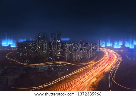digital modern city with high speed fiber network coverage, abstract futuristic concept of big data technology  Royalty-Free Stock Photo #1372385966