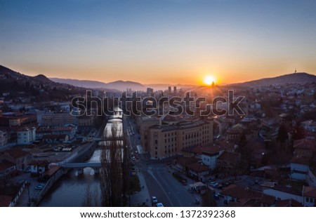 Sarajevo during the sunset. Drone shot. Sarajevo city hall