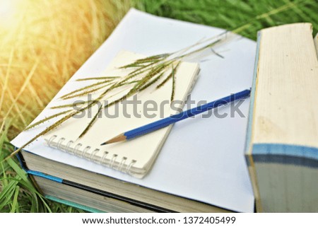 Education concept image of books, notebook, and pencil on the meadow, back to school background, selective focused abstract photo of studying and learning materials 