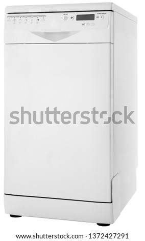 White isolated closed dishwasher side view 