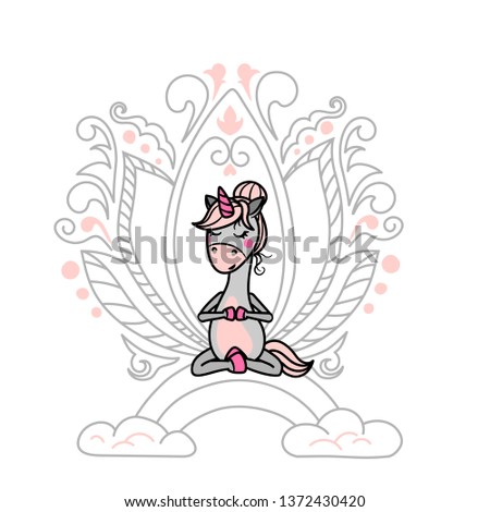 Cartoon character unicorn sitting meditates in the lotus position. Vector illustration. Unicorn on the background of the ornament.