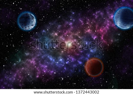 Planet on starry sky, outer space. Sound of cosmic radiation  the background hiss of the universe