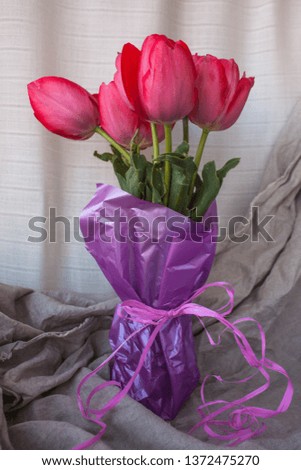 Fresh tender pink tulips in a vase with violet paper and ribbon bow on the background of linen fabric, copy space