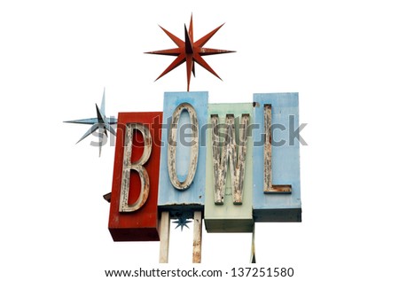 An old retro Neon Bowling alley sign isolated on white with room for your text with the colors of red, blue, green and turquoise