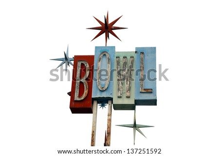 An old retro Neon Bowling alley sign isolated on white with room for your text with the colors of red, blue, green and turquoise