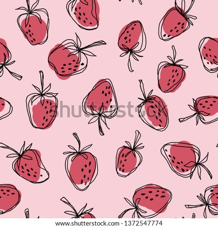 Hand drawn strawberry  seamless vector pattern. Red strawberries with black doodle stroke on a pink background