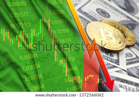 Zambia flag and cryptocurrency falling trend with two bitcoins on dollar bills