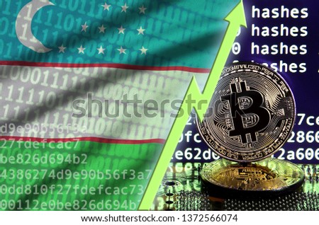 Uzbekistan flag and rising green arrow on bitcoin mining screen and two physical golden bitcoins