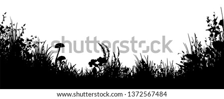 Glade with flowers silhouettes, spring- summer elements on white isolated