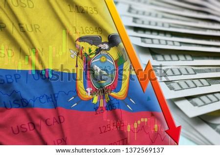 Ecuador flag and chart falling US dollar position with a fan of dollar bills
