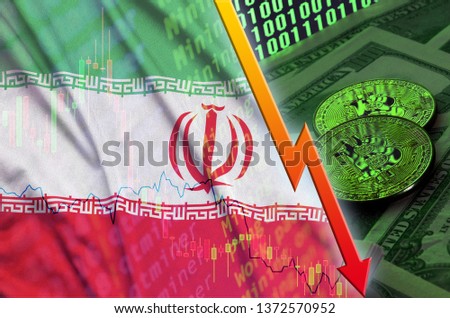 Iran flag and cryptocurrency falling trend with two bitcoins on dollar bills and binary code display