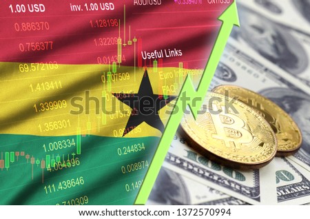 Ghana flag and cryptocurrency growing trend with two bitcoins on dollar bills