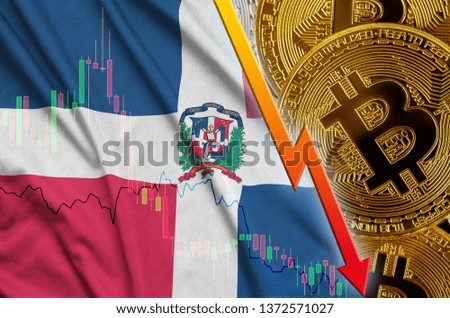 Dominican Republic flag and cryptocurrency falling trend with many golden bitcoins