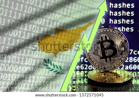 Cyprus flag and rising green arrow on bitcoin mining screen and two physical golden bitcoins