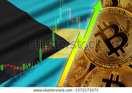 Bahamas flag and cryptocurrency growing trend with many golden bitcoins