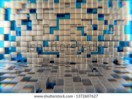 Silver squares extruded with blue background and distortion abstract style , 3d rendering
