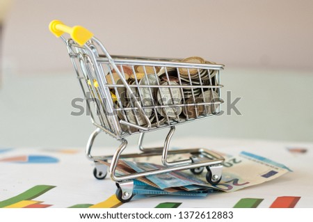Shopping cart full of dollar and euro money, piggy bank with euro money financial statement
