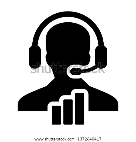 Analysis report icon vector male customer data support person profile avatar with headphone and bar graph for online assistant in glyph pictogram illustration