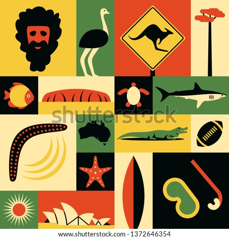 Australia, flat illustration, icon set, landmark. Man, ostrich, road sign, tree, fish, mountain, turtle shark boomerang map world starfish crocodile sport opera surfing mask