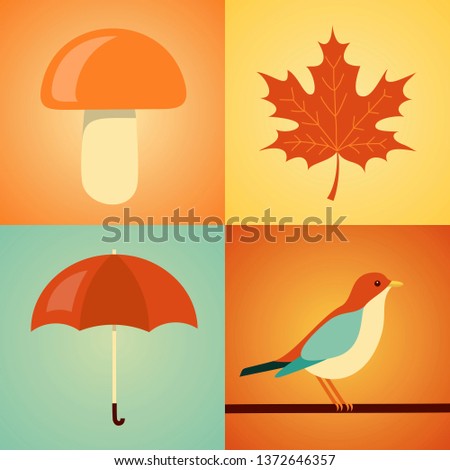 flat illustration, icon set of autumn: mushroom, leaf, umbrella bird