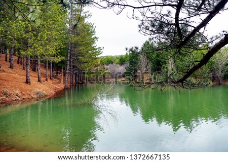 Camlik national park and lake, green pine forested hills, pinery at Yozgat city in Turkey