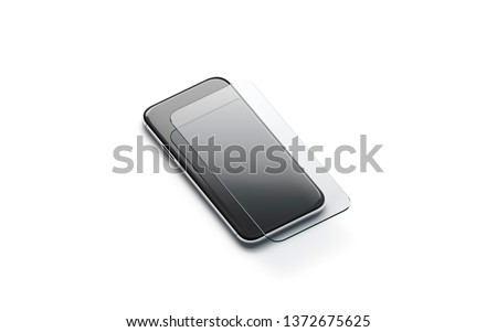 Blank transparent protection glass on phone screen mockup, isolated, 3d rendering. Empty protector for smartphone display mock up, side view. Clear shatterproof accessory template.